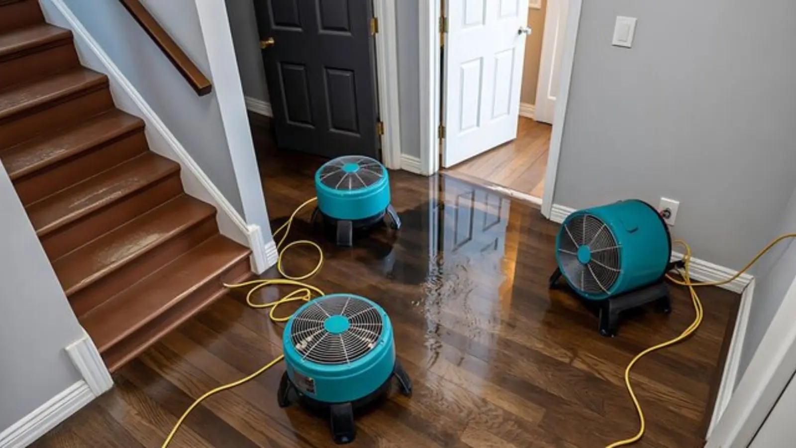 Air movers drying a wet hardwood floor near a staircase